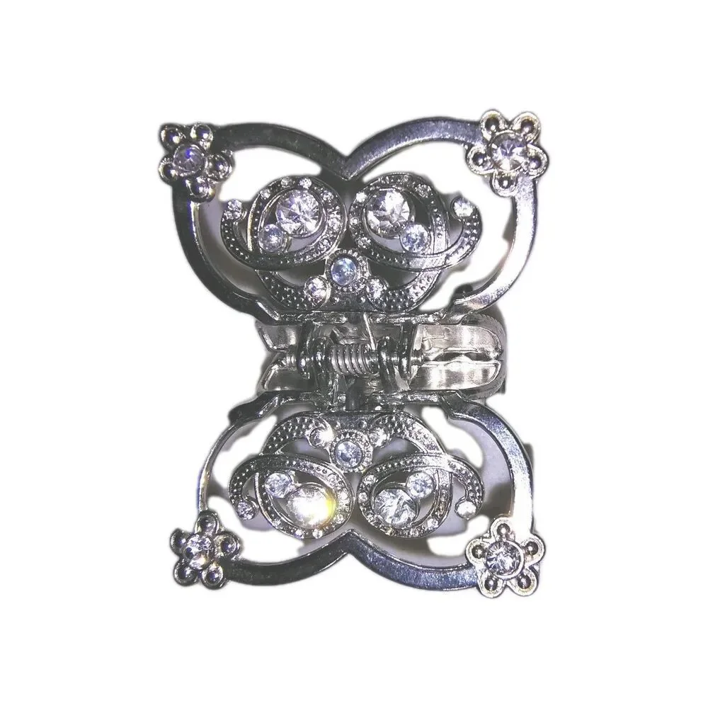 Vintage Silver Butterfly Claw Clip Set Rhinestone Crystal Metal Hair Jaw Clamps